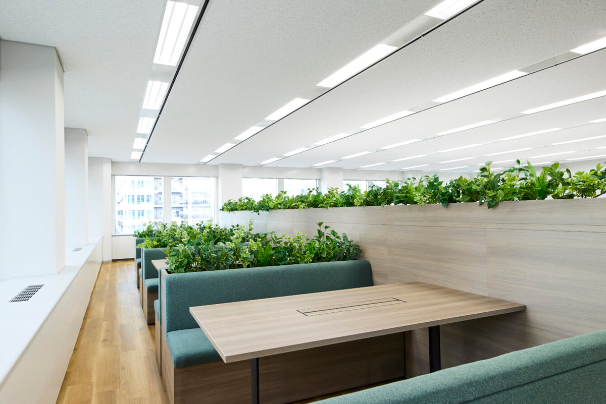植栽のある木目の仕切りと緑のソファ、テーブルを組み合わせたブース席