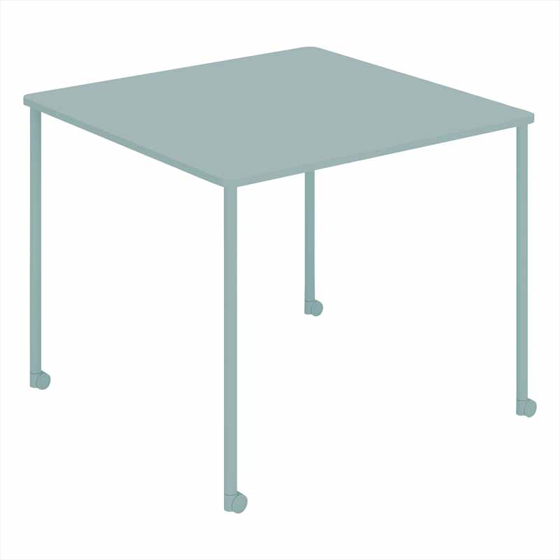 コクヨ Any Table 正方形。アッシュターコイズ。900×900×高さ720mm、4本キャスター脚。品番：TAN-MS0909MC-39391。Office Design Paletteの品番対応画像。